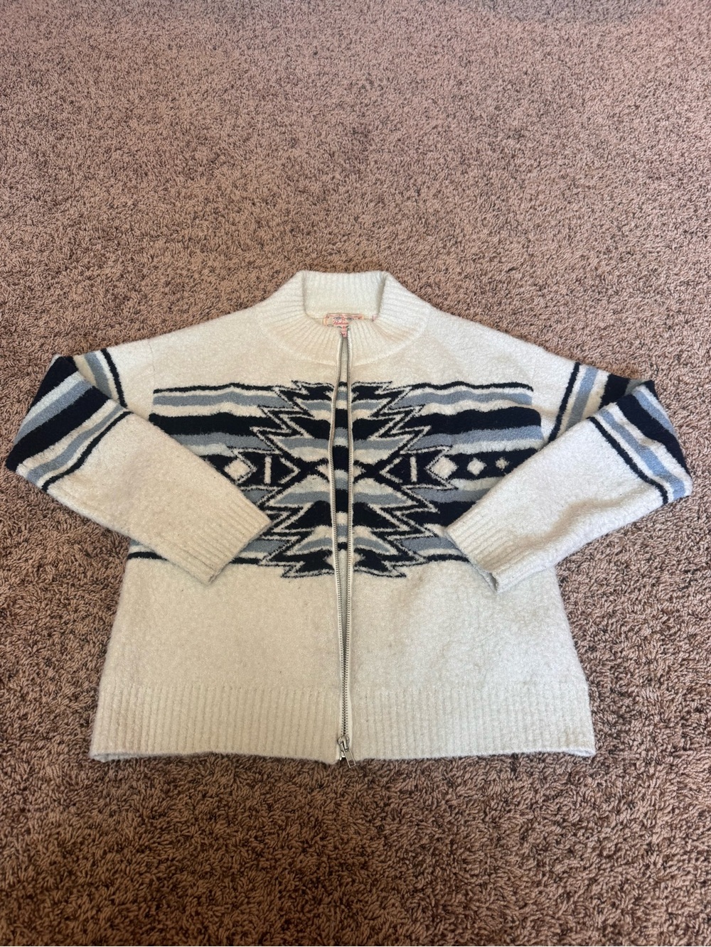 Cream Aztec Zip-Front Knit Cardigan Sweater